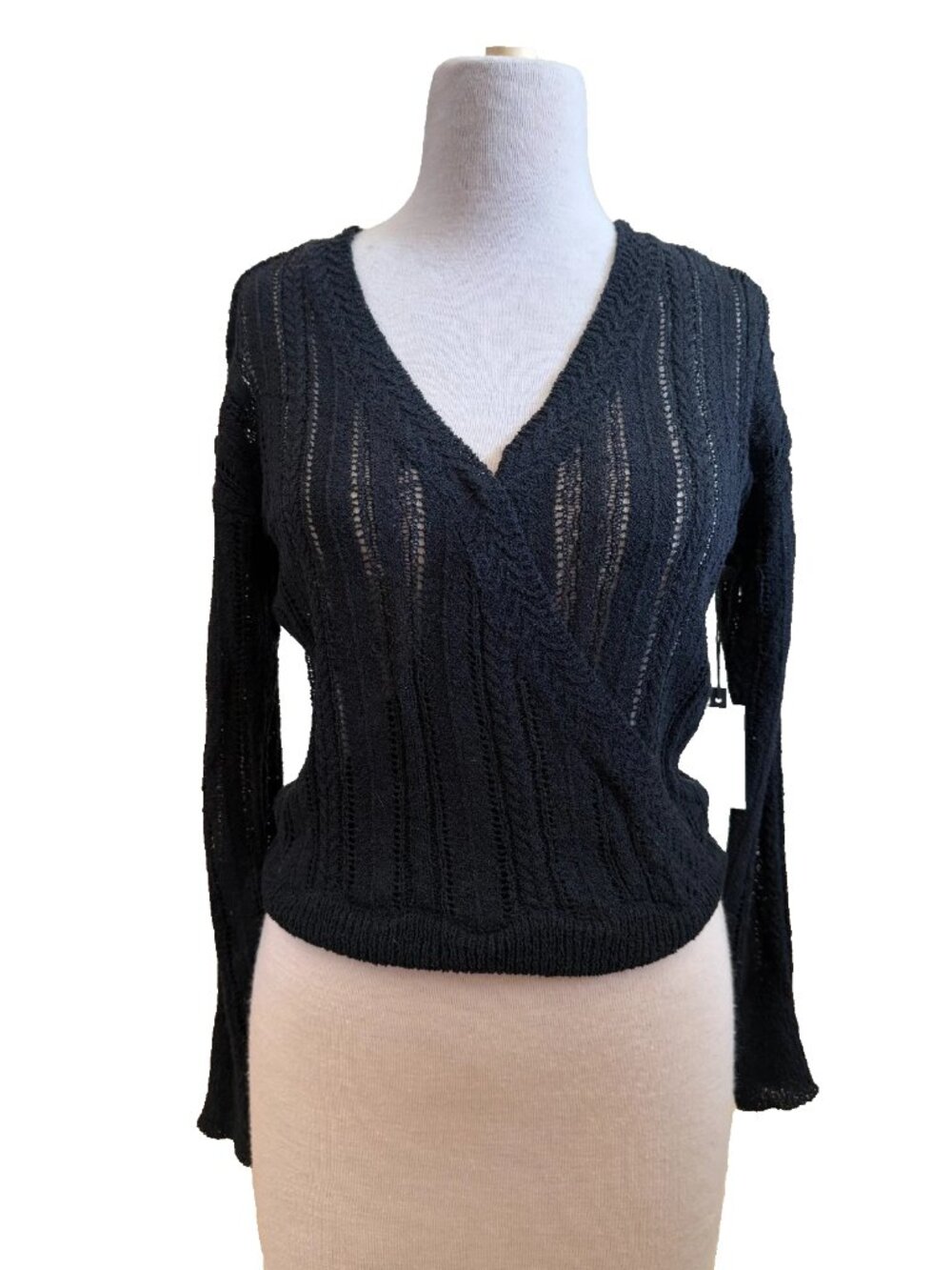 ASTR The Label Pointelle Wrap Sweater Women's Medium Black New with Tags